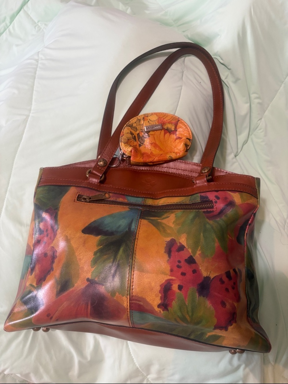 Patricia Nash Poppy Floral Butterfly Tote in Orange and Brown Summer